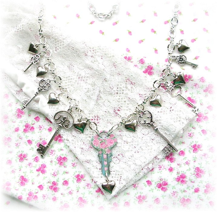 Vintage Gumball Key Heart Charm Necklace Pink Roses Patina Shabby Chic Hand Painted