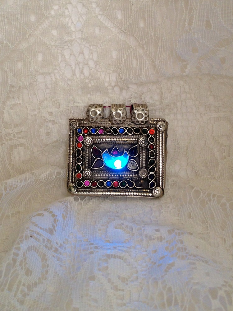 Blue Burning Man necklace - steampunk bellydance jewelry - tribal fusion pendant