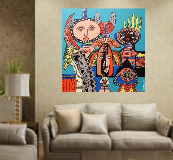 African Masks..... original painting, acrylic on wood, 23.6x23.6", 60x60 cm, african culture, abstract, fantasy, masks, tradition