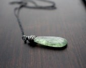 Kyanite Silver Necklace, Green Gemstone, Oxidized Sterling Silver, Large Pendant, Spring Fashion