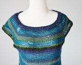 Mermaid vs. Swamp Monster - Hand Knit Striped See Through Sleeveless Top / Vest in Peacock Teal and Swamp Colors - Knitted Bodice Size M/L