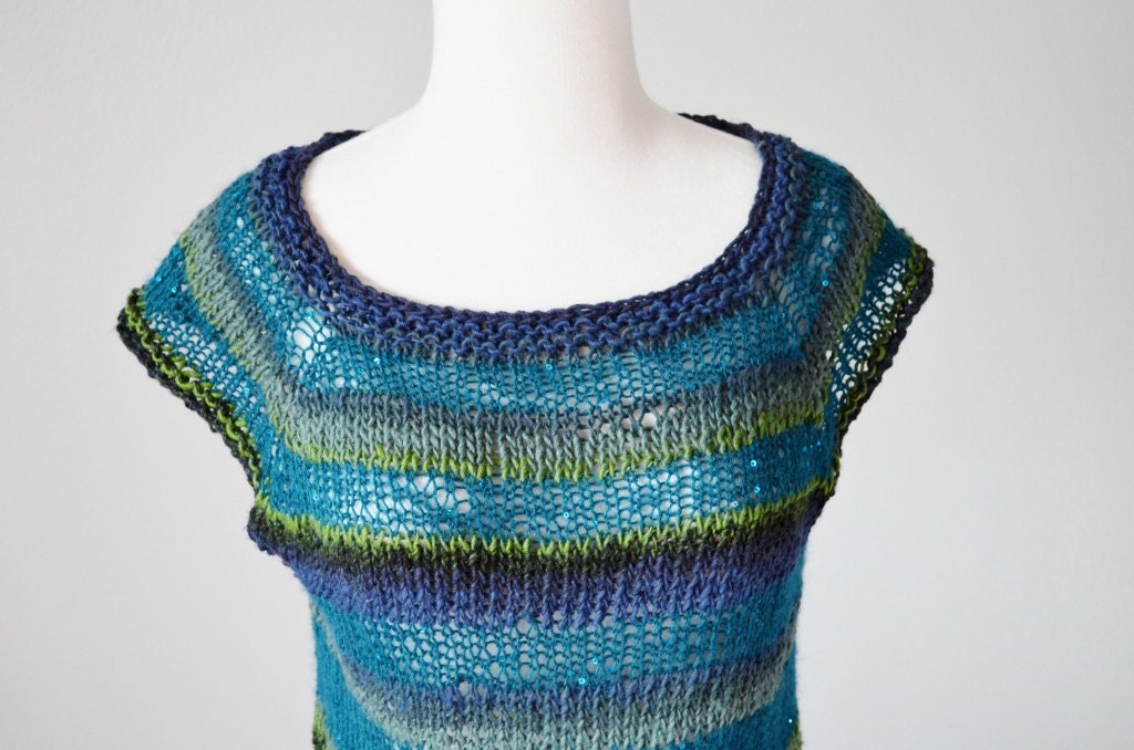 Mermaid vs. Swamp Monster - Hand Knit Striped See Through Sleeveless Top / Vest in Peacock Teal and Swamp Colors - Knitted Bodice Size M/L