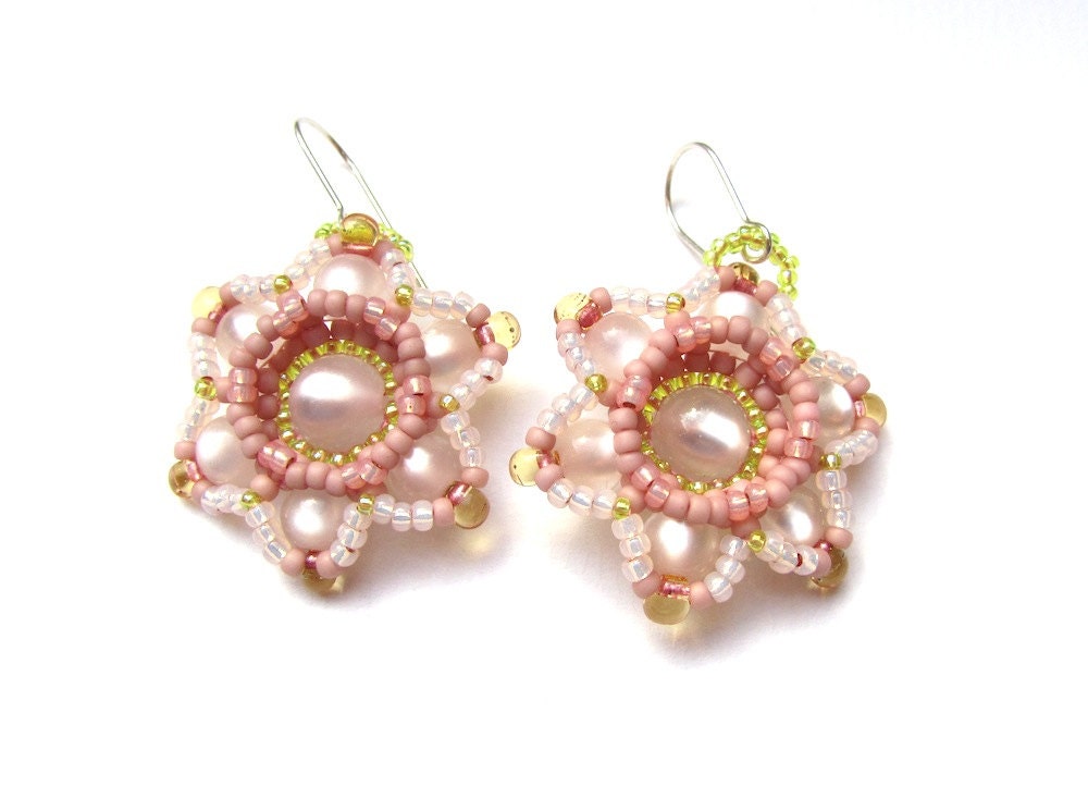 Pale Rose Pink Resin Bead and Seed Bead Earrings