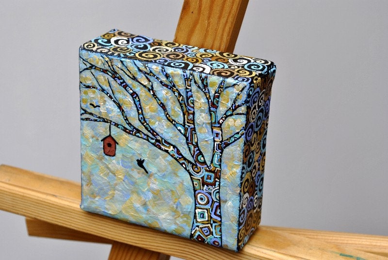 Tree of Life Painting - Bird Painting - 4X4 Modern Acrylic Painting - Whimsical Art - Original - Contemporary - ebsq