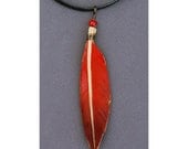 Red and Gold Phoenix Feather - Leather Pendant - 4 inches
