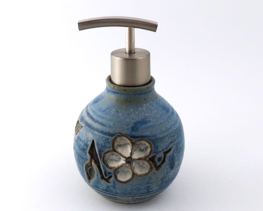Soap or Lotion Bottle Carved Cherry Blossoms/ Blue-green/ Handmade Wheel Thrown Pottery