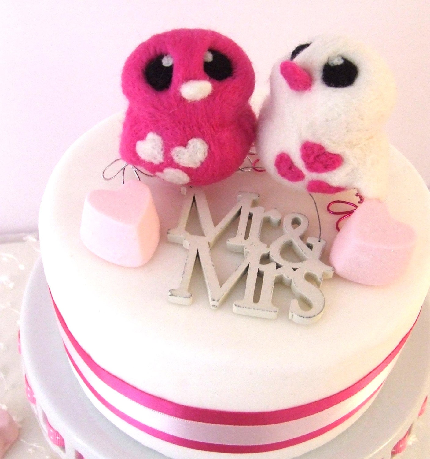 Fuchsia Bird Wedding Cake Topper in Bright Pink and White Love Birds