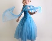 Vintage 1950s Prom Dress - Sky Blue Tulle Kerrybrooke Party Dress - Large