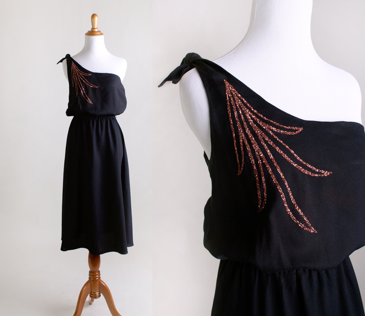 Vintage Disco Dress - 1970s Black and Copper Fireworks Metallic Dancing Dress - Medium - zwzzy