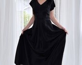 Vintage 40s Black Rayon Long Dress Gown Velvet Appliques L