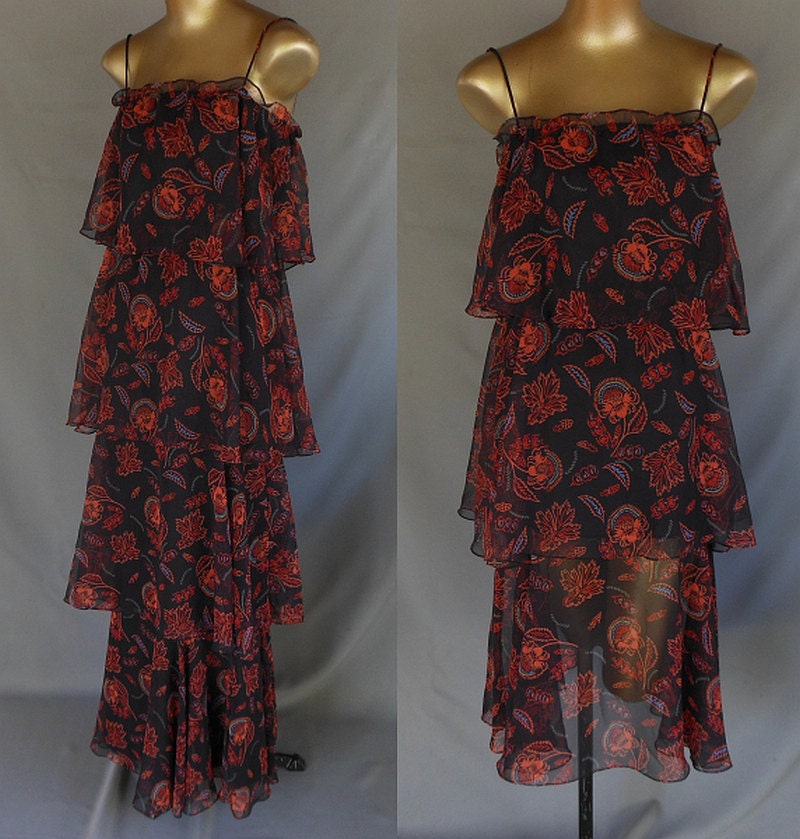 Vintage 70s Dress - 1970s does 1920s Flapper Style - Abstract Floral Print Chiffon Tiered Boho Dress and Skirt - Size S to M
