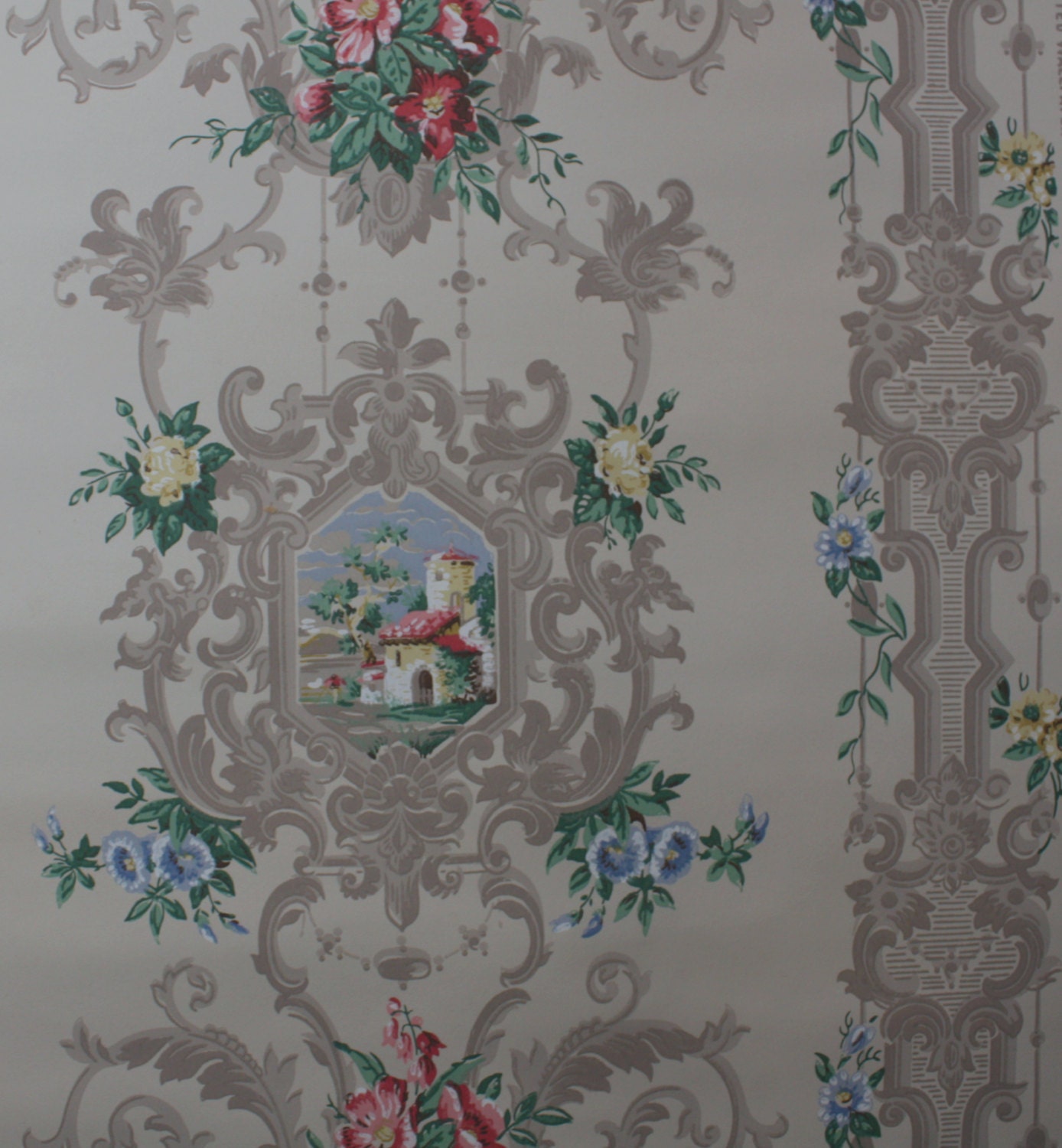1940's Vintage Wallpaper pink blue and yellow floral and scenic pattern