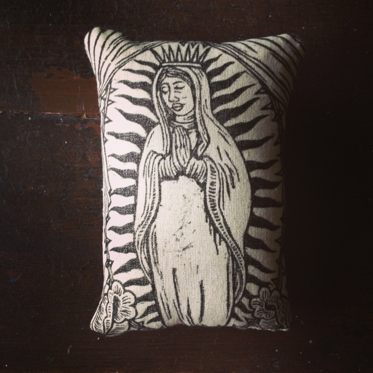 Our Lady of Guadalupe Hand Printed Novelty Linen Pillow