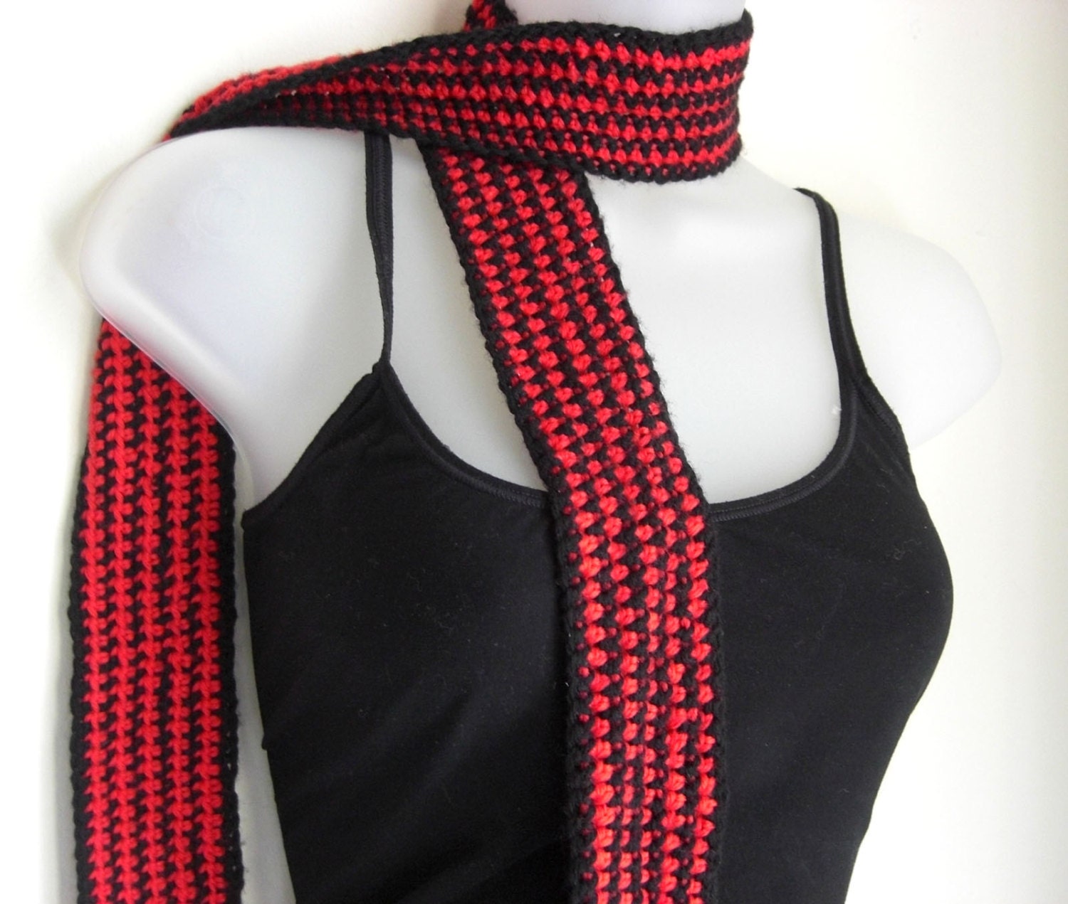 Red and Black Scarf - Striped Crochet Scarf