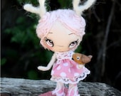 Spring Doll Pink Deer And Porcelain Handpainted Bird Paper Mache OOAK Art Doll