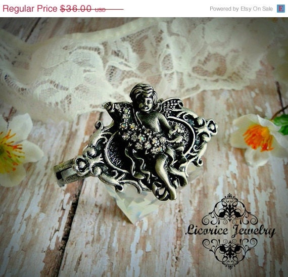 33% OFF  Sale Divine Angel Rhinestone FLower Cuff Bracelet cherub steampunk neovictorian urban antique pewter silver filigree
