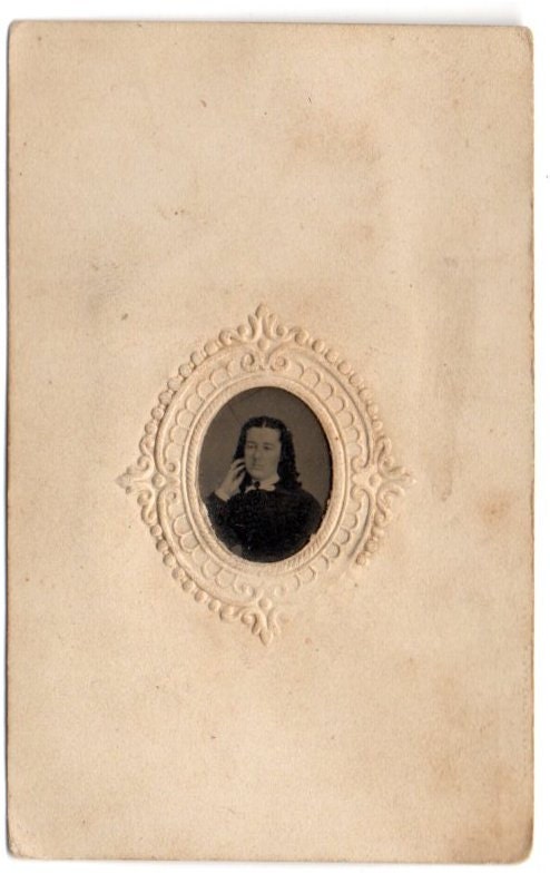 antique tintype photo -a curly haired 1800's lady  - tin type photograph - gem photo