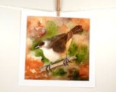 Bird Art - Watercolor Painting Print - Animal Art, Brown Wren Painting - Men Women Kids Teens Warm Colors Orange and Green 10 x 10 under 25