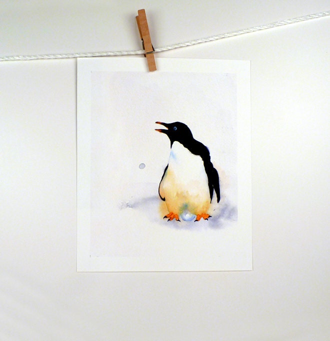 Penguin Bird Art - Original Painting Watercolor Print - Nature Art, Animal Art - Dorm, Home Decor - Men Women Kids - Black and White 7 x 9