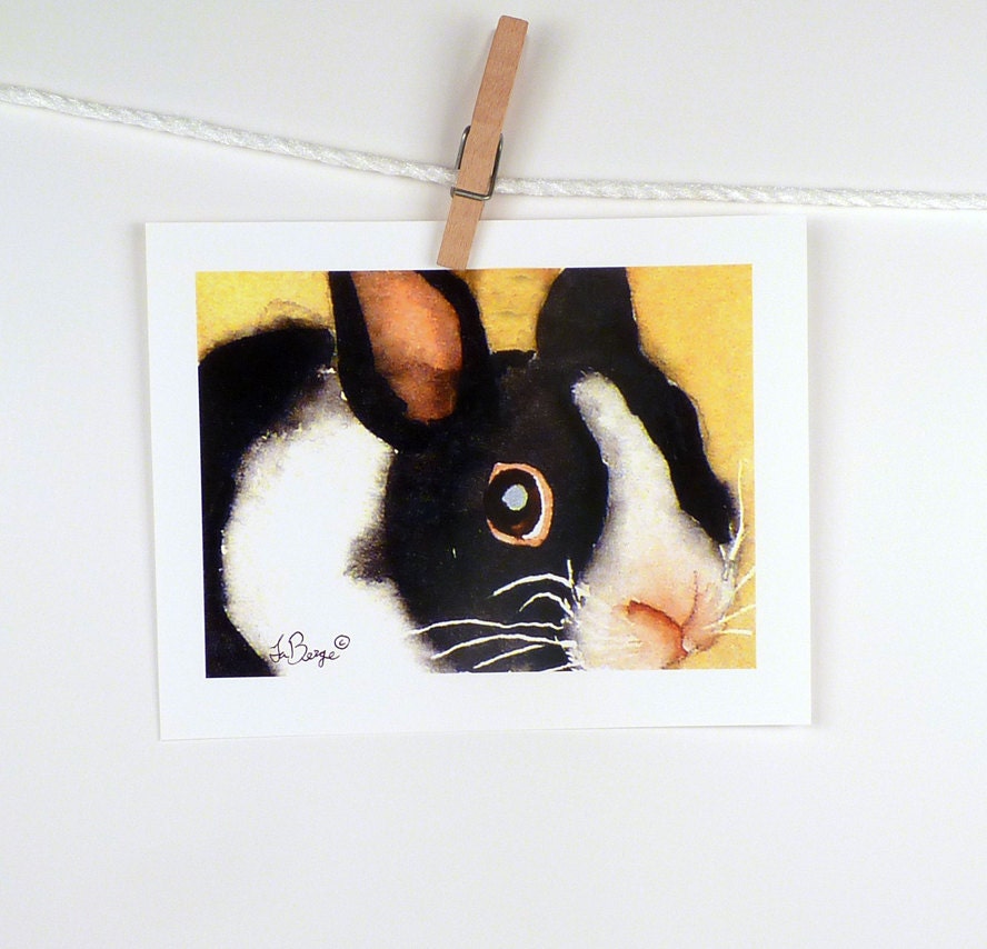 Bunny Rabbit Art - Watercolor Painting Print - Baby Rabbit Painting Animal Art - Black & White Kids Women Nursery 5 x 7