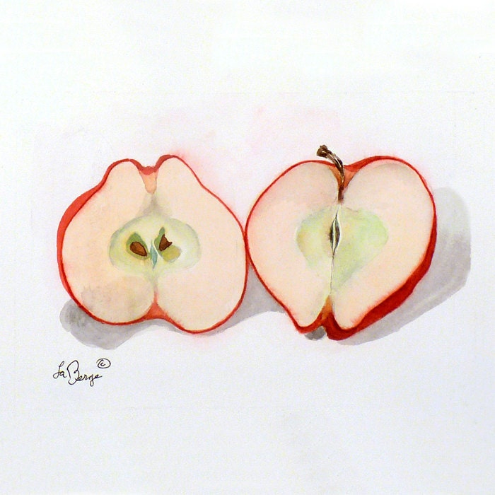 Apple Fruit Art - Original Watercolor Painting - Red Delicious Apple - Men Women Kids - Apple Painting - Red and White 7 x 9 Under 50 - LaBerge