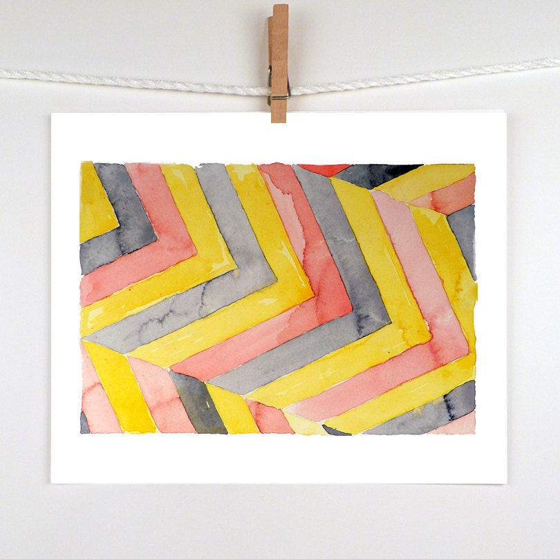 Abstract  Art, Geometric Art - Watercolor Painting Print - Men, Women, Kids - Apartment Dorm Room - Red Yellow Black - 7.5 x 9.5