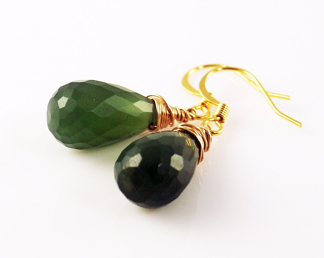 Emerald Green Jade Earrings - 14k gold