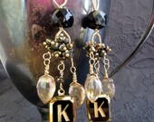 Monogram chandelier earrings in 14k gold fill vintage black glass initial K long beaded dangle roaring 20s jazz age flapper style -Jazz-