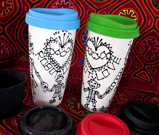 Robot Family Skeletons Ceramic Travel Mug with Silicone Lids and Sleeve