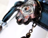 Recycled Sari Silk Wrap Bracelet, Eco Friendly Handmade Raku Ceramic The Evil Eye Hamsa Hand of Fatima Good Luck Charm Beadwork Yoga Jewelry