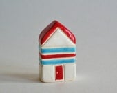 little clay house red aqua blue white striped miniature ceramic pottery home summer cottage