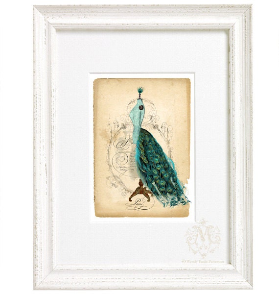 Mannequin, Peacock, Collage Art Print, Bustle, Giclee, Art Print, Vintage Style, Dress form, Peacock Feathers