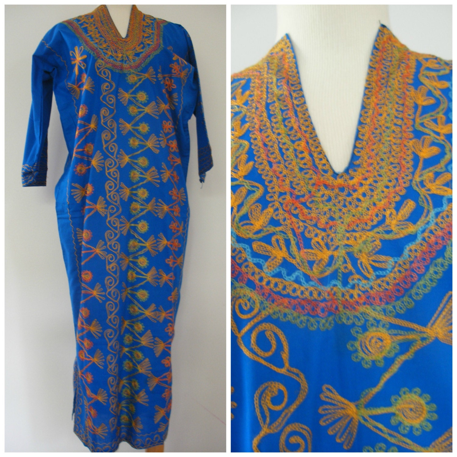 70s blue caftan, ethnic embroidery Egyptian caftan in electric blue, boho hippie chic resort caftan.