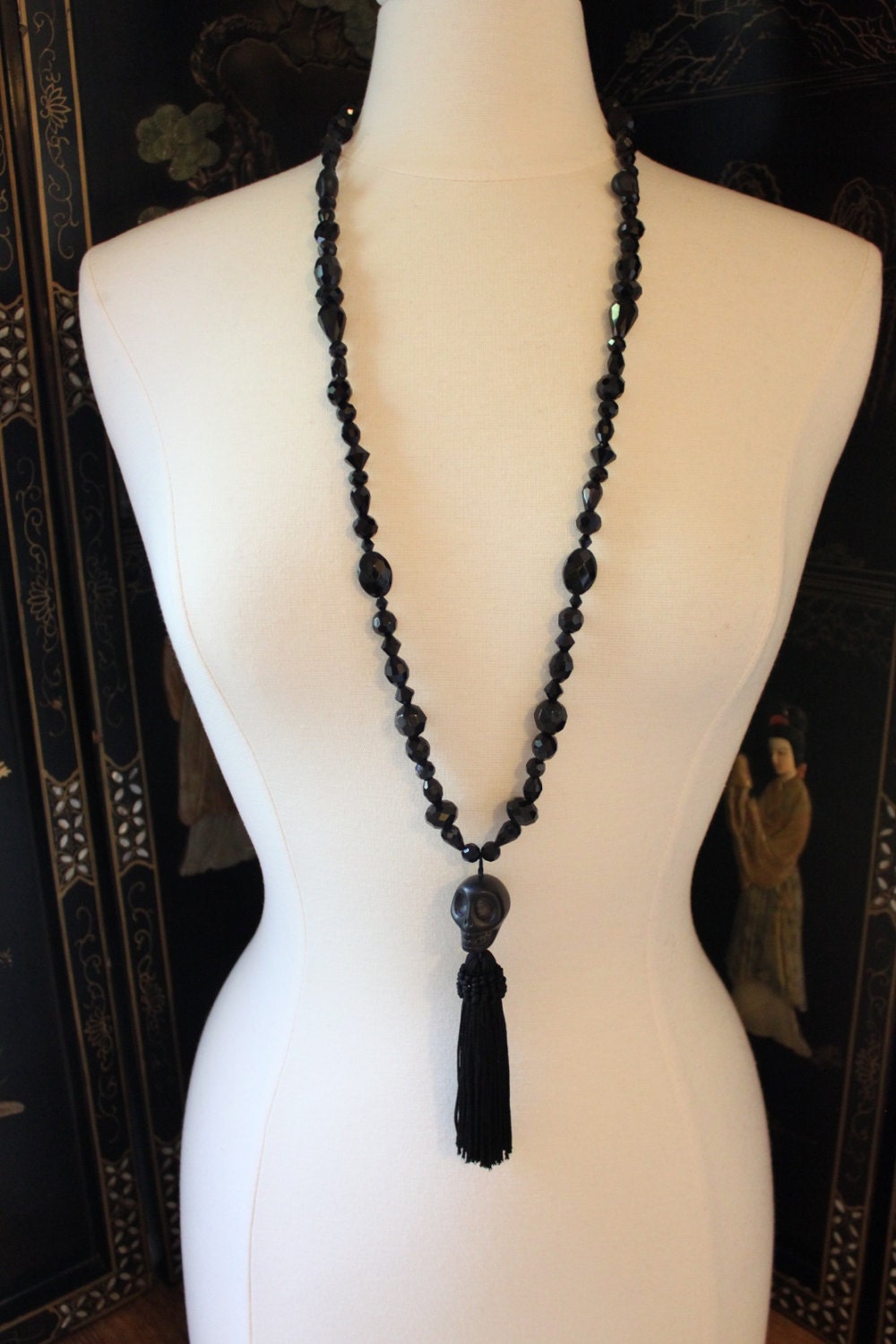 Flapper Witch -  Glass Jet Beaded Necklace with Silk Tassle and Howlite Skulls.