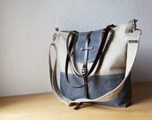 Waxed Canvas and Hemp Tote // Tall // 2-Tone // With leather straps and detachable shoulder strap