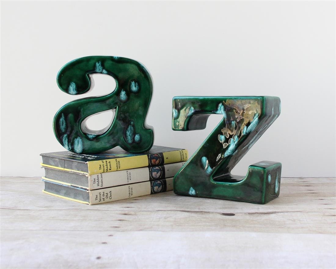 Vintage A to Z Ceramic Bookends / Typography Green Home Decor / Large Vintage Bookends / Office Nursery School Room Homeschool Library