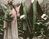 Original French vintage hand tinted real photo postcard - Santa Claus and angel girl - Victorian Paper Ephemera