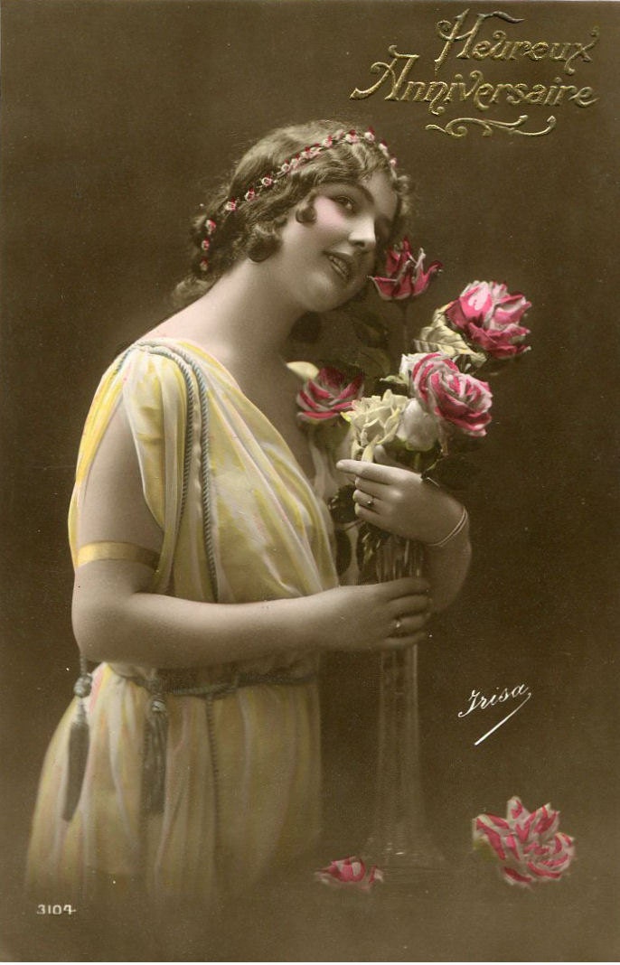 Original French vintage hand tinted real photo postcard - Lady with vase of roses - Victorian Paper Ephemera