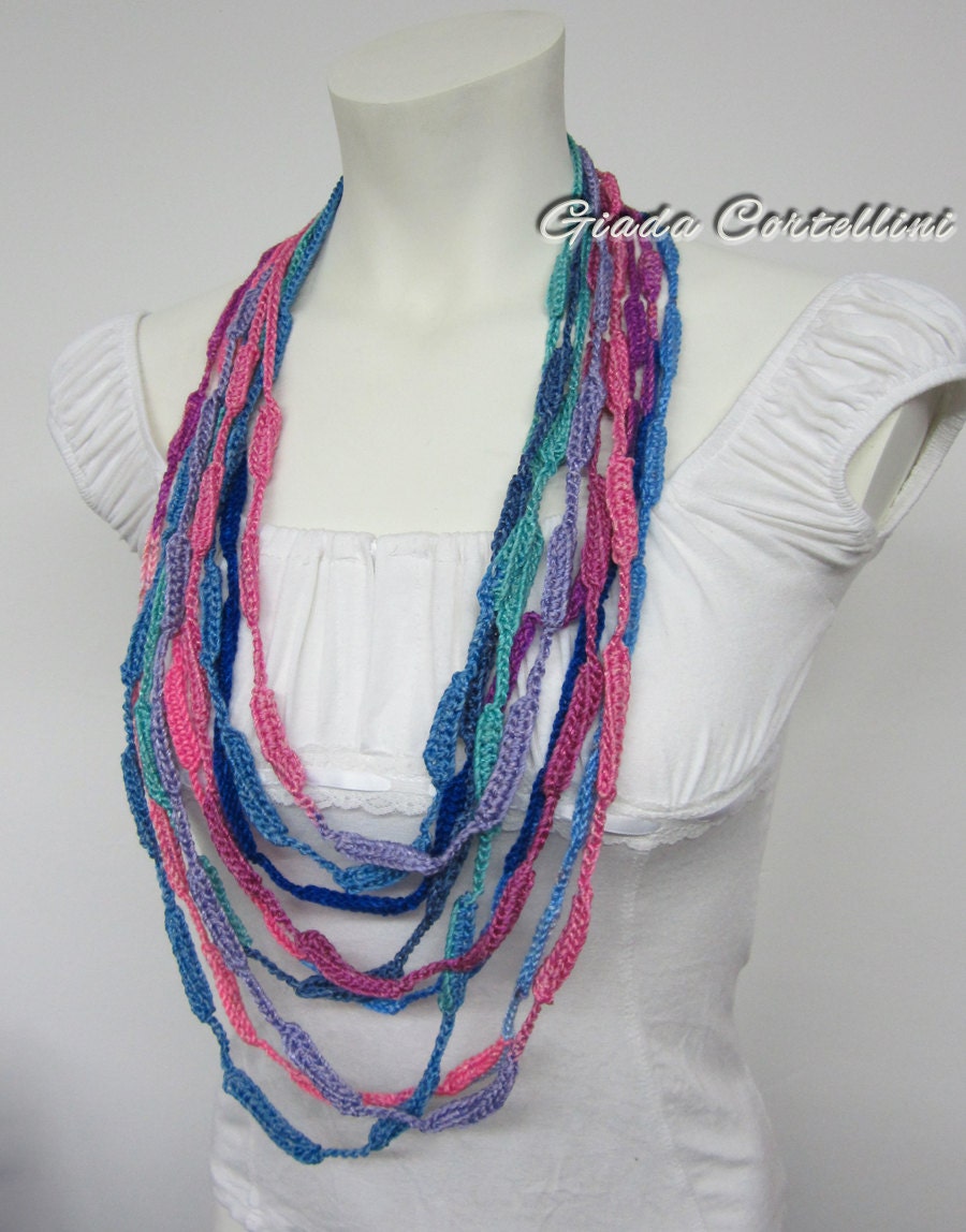 Cascade of Colours - 3 Necklaces in 1, True Colours, fresh cotton yarn, summer, spring, multicoloured, crochet, fabric