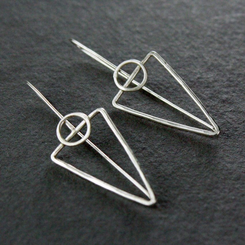 Geometric Earrings, Silver Triangles with Circle Accent