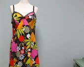 Vanity Fair 60s Chemise, Mod Flower Child Mini Slip, Black, Hot Pink, Tangerine
