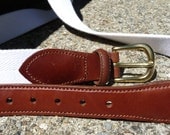 COACH White Surcingle Belt - Cotton Webbing - Brown Leather - Brass Horseshoe Buckle - US Designer - Mens Preppy Trad Belt - 42