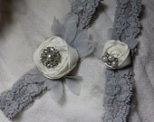 White Rose garter set on pale grey-blue