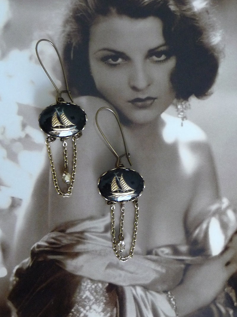 Traveler Earrings  - Vintage Inspired Jewelry - Black - Vintage Intaglios - Gold - Sailboat - Chains (SD0479)