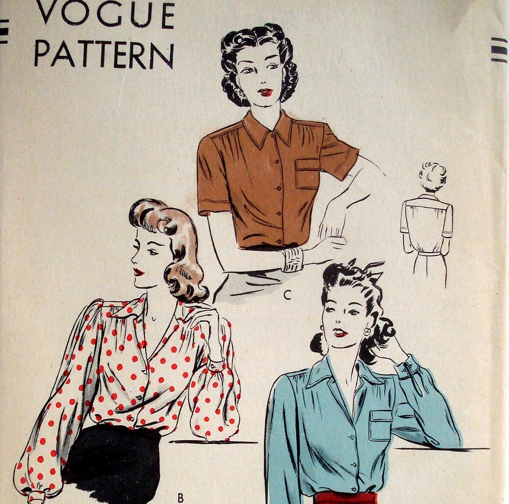 Vintage 1940s Blouse Pattern Vogue 9289 Bust 32 Tailored Blouse