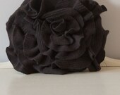 Small Ruffle Rose Pillow in Dark Chocolate Brown. Eco friendly recycled materials.