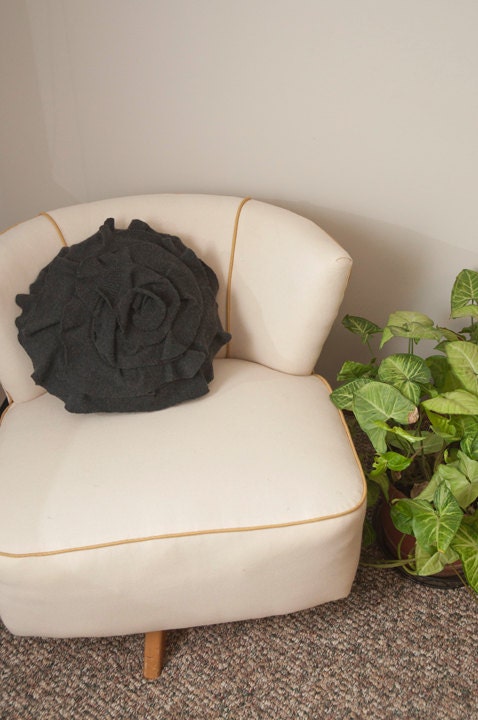 Medium 16" Ruffle Rose Pillow in Charcoal Gray Cashmere. Eco friendly recycled materials.