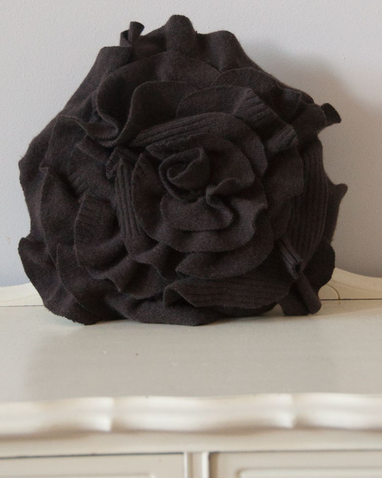 Small Ruffle Rose Pillow in Dark Chocolate Brown. Eco friendly recycled materials.