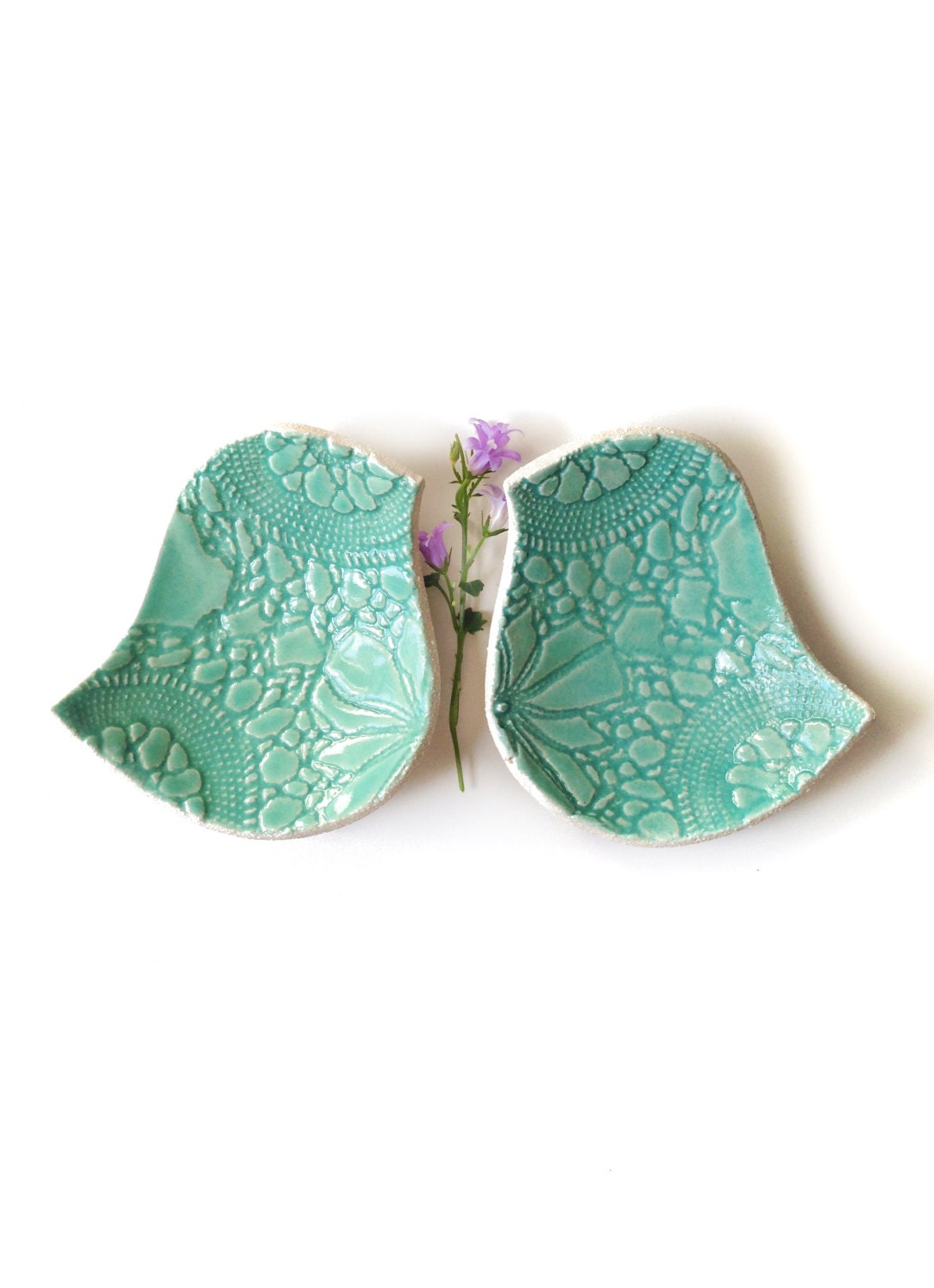 Ceramic bowls Birds of a feather Seafoam turquoise blue green pottery Home decor Wedding Ring bearer pillow Ring dish Vintage lace texture