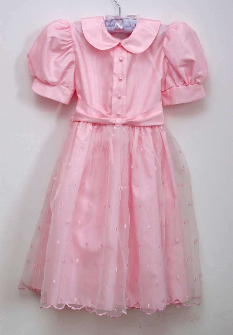 Vintage Childs Dress Candy Pink Party Girls Dress Puff Sleeves 1980s Age 7-8 Years